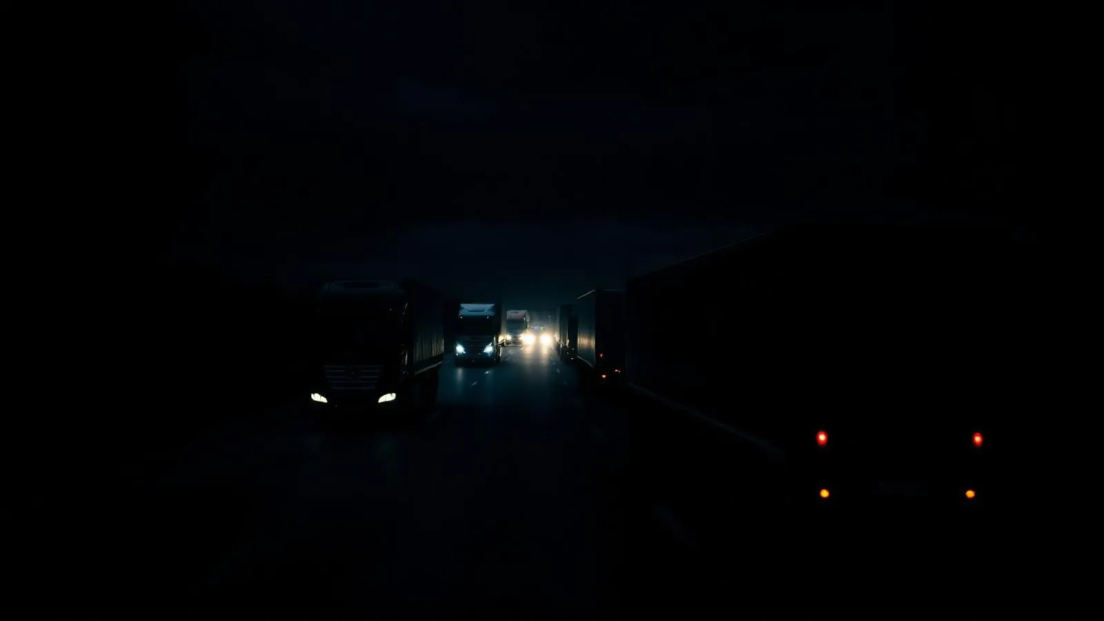 Frota de caminhões em rodovia à noite